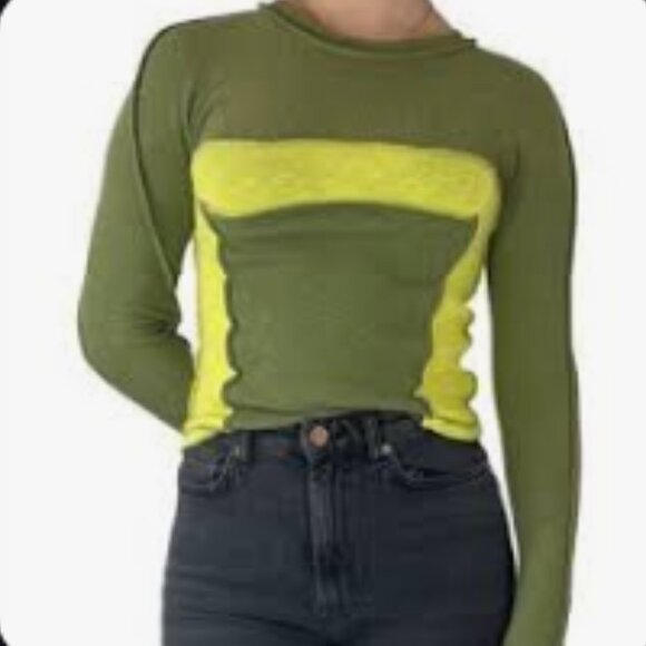 BDG for Urban Outfitters Long Sleeve Textured Crop Top - Small in Green & Yellow - Picture 1 of 9